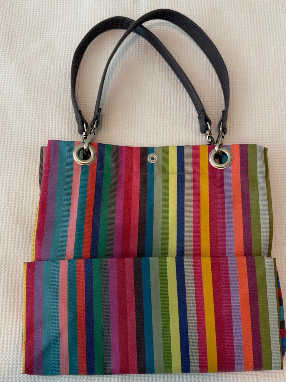 Tissage de Luz French Basque Canvas Multicolor Stripe Tote Bag w/ Black Handles